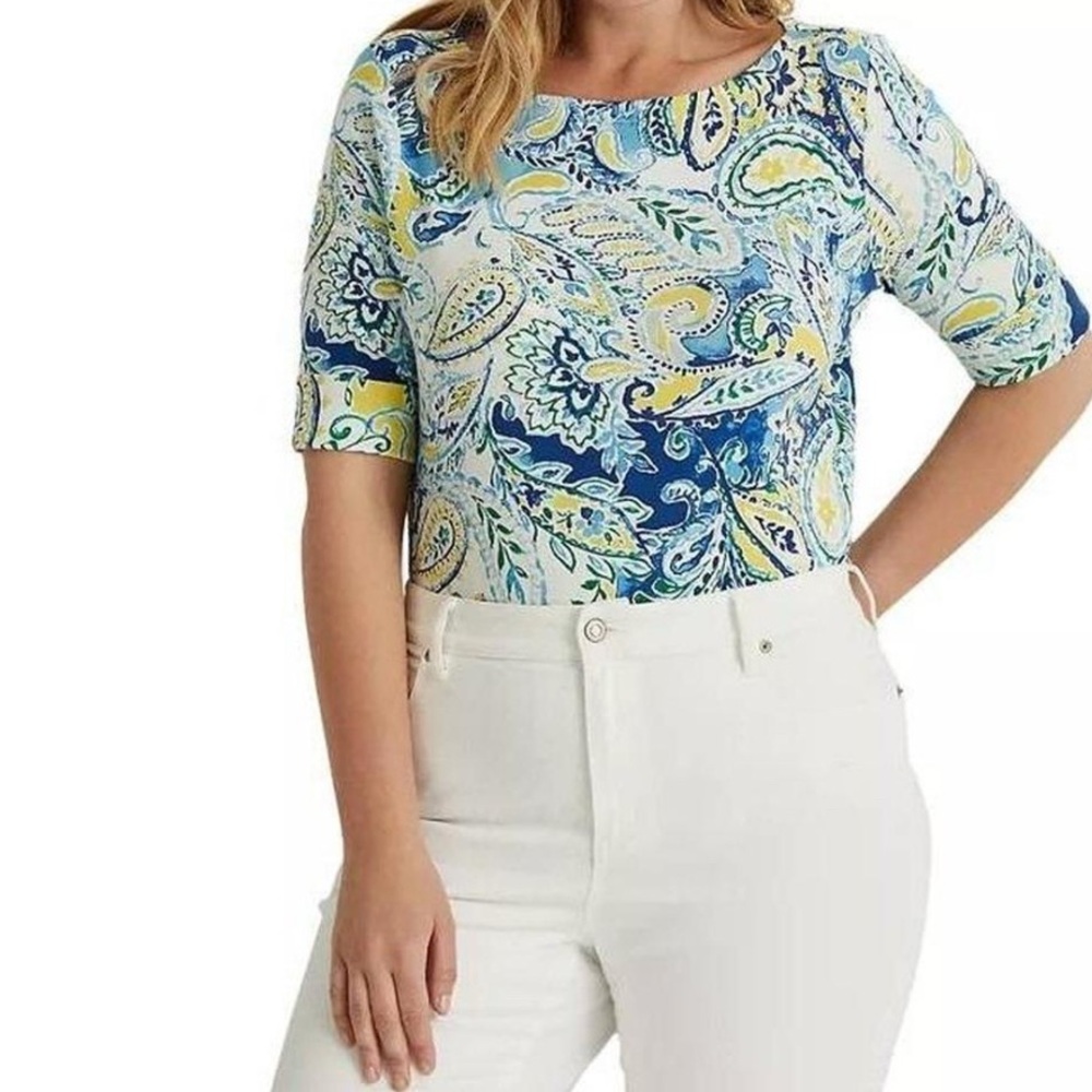 Lauren Ralph Lauren Paisley Stretch Cotton Boat Neck T-Shirt